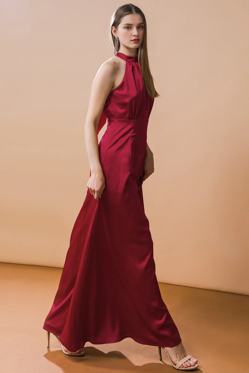 A-line hanging neck collar with exposed back lace up dress