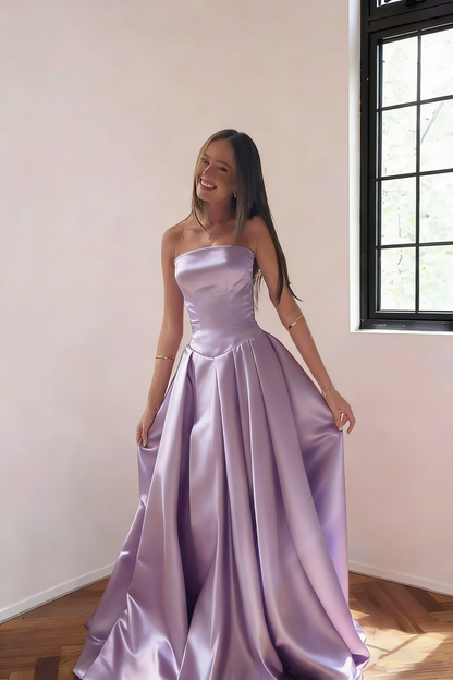 Classy Burgundy Strapless Satin Pleated Long Evening Dress Formal Wedding Guest Dress SP1732