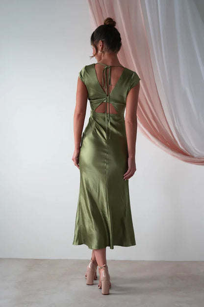 Elegant A-Line V-neck Short Sleeved Back Zip Satin Floor-Length Prom dress