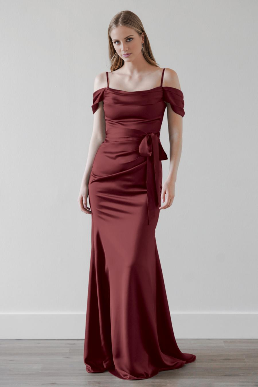 off shoulder collar thin shoulder straps backless and floor length evening dress