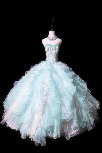 Light blue strapless, fitted waist, full skirt, long ball gown R8677