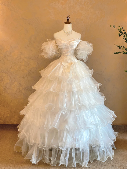White off-the-shoulder fitted waist ball gown/bridal dress with a full skirt R7222