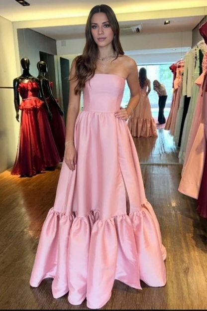 off shoulder pleated A-line slit and floor length dress