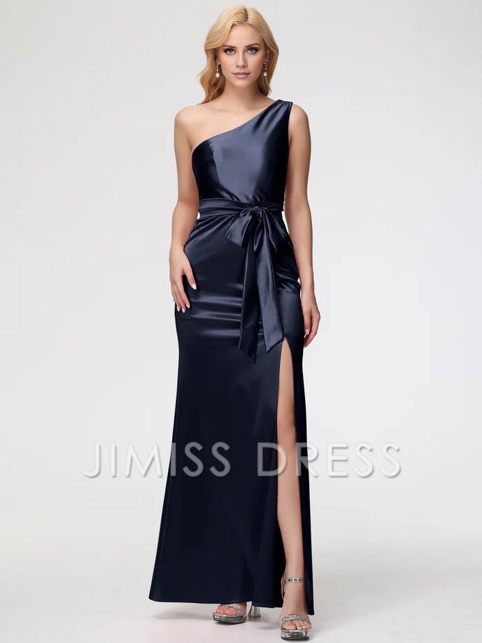 single shoulder trumpet/mermaid sleeveless pleated satin Prom dress