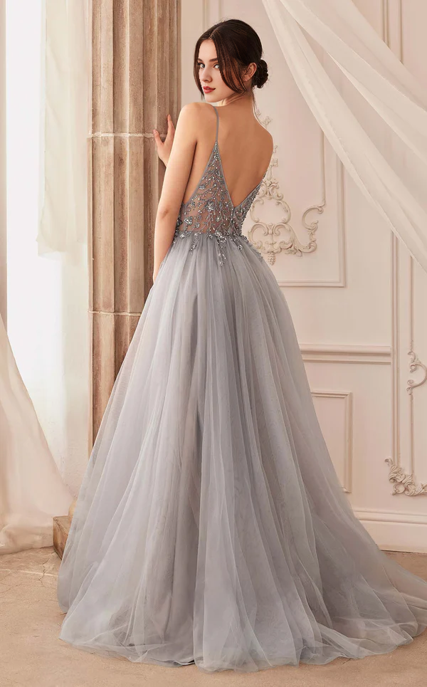 A-line deep V-neck embroidered chiffon thin shoulder strap chiffon prom dress