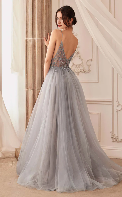 A-line deep V-neck embroidered chiffon thin shoulder strap chiffon prom dress