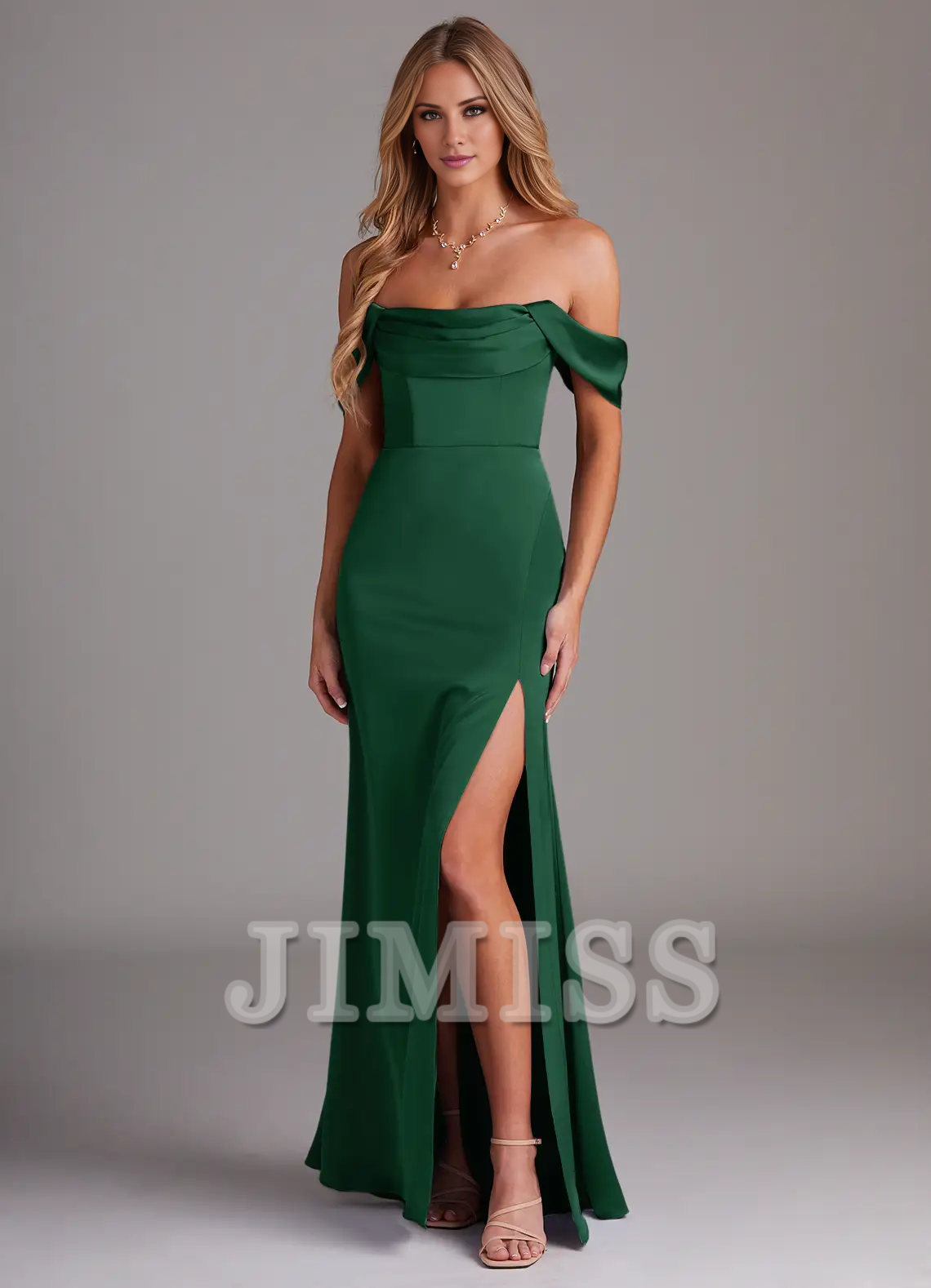 Off Shoulder Side Split Satin and Floor length Bridesmaid Dress - Dress