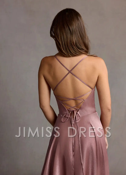 slim shoulder strap V-neck backless side slit and floor length Prom dress
