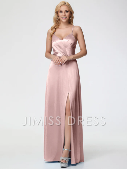 thin shoulder strap V-neck pleated backless satin slit Prom dress