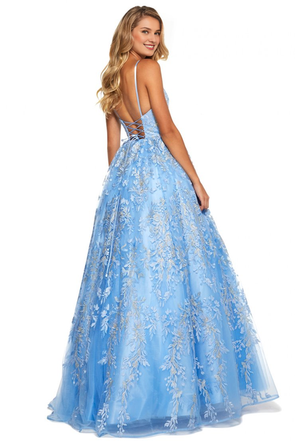 A-line V-neck sheer lace applique thin shoulder strap and floor length evening dress