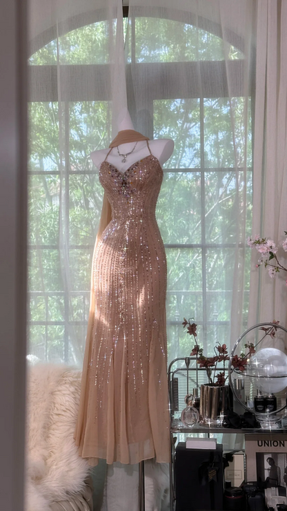 Light pink sequined halter-neck fitted bodycon long ball gown R7605