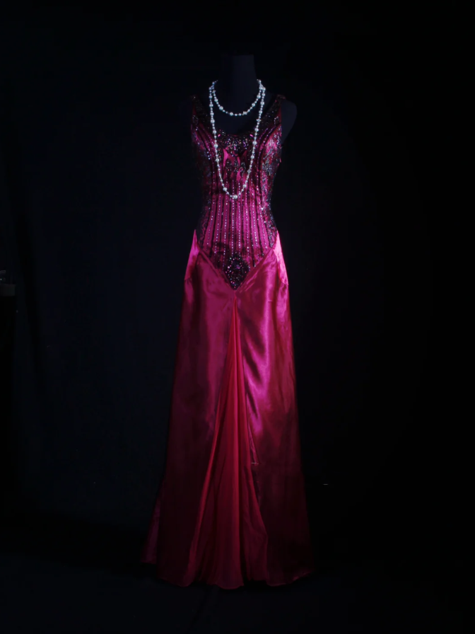Charming V Neck Hot Pink Satin Beaded Mermaid Long Party Dress Birthday Evening Gown