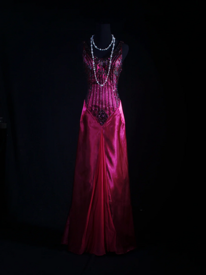 Charming V Neck Hot Pink Satin Beaded Mermaid Long Party Dress Birthday Evening Gown