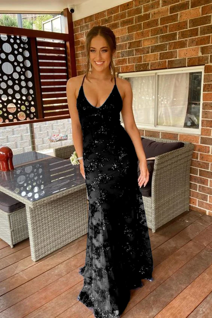 Pretty Spaghetti Straps V Neck Tulle Sequin Mermaid Evening Dress Navy Blue Long Wedding Guest Dress SP1322