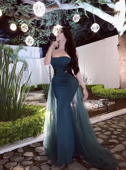 Vintage Blue Strapless Satin Beaded Mermaid Evening Dress Formal Party Gown