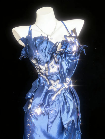 Gorgeous Blue Halter Satin Embroidery Beaded Mermaid Long Evening Dress Prom Gown SP1489