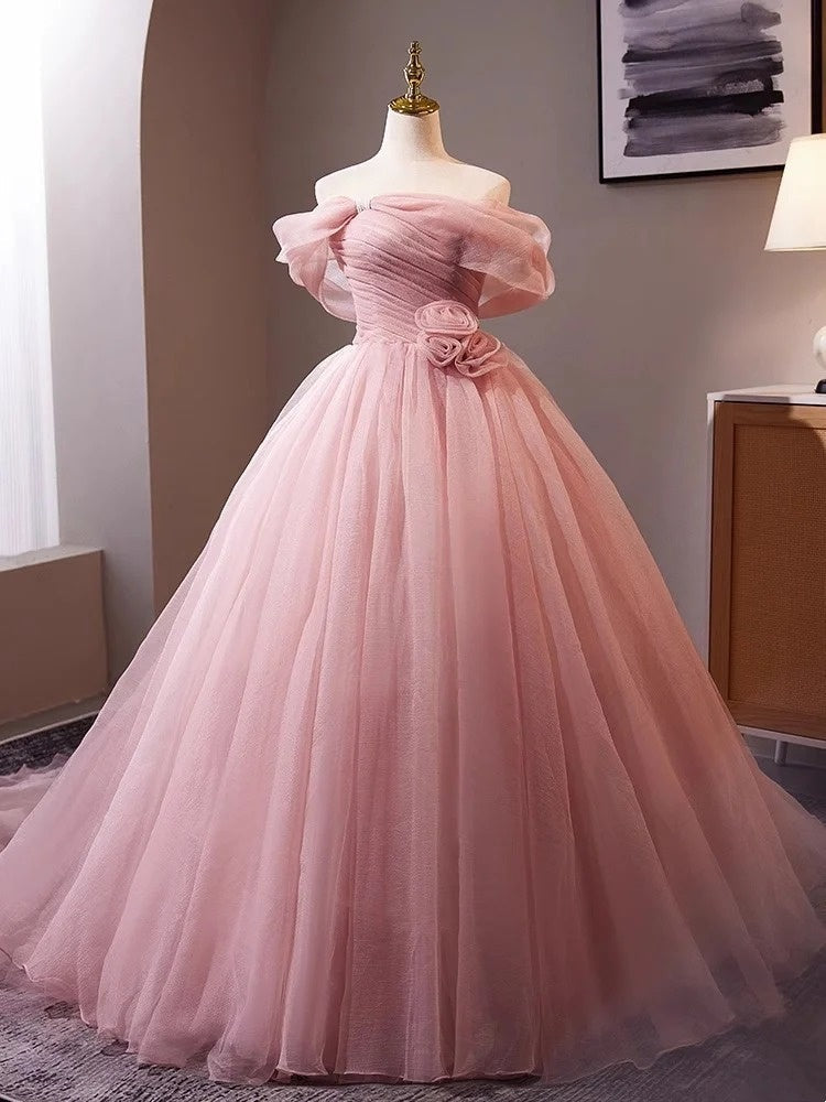 Pink Rose - Off-the-Shoulder 3D Floral Ball Gown, Tulle Train Princess Dress gh7071