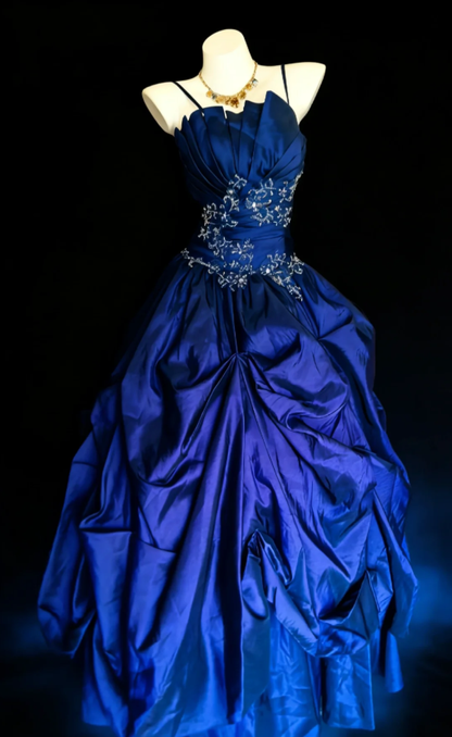 Elegant Spaghetti Straps Satin Pleated Beaded Ball Gown Royal Blue Long Birthday Party Dress SP1640