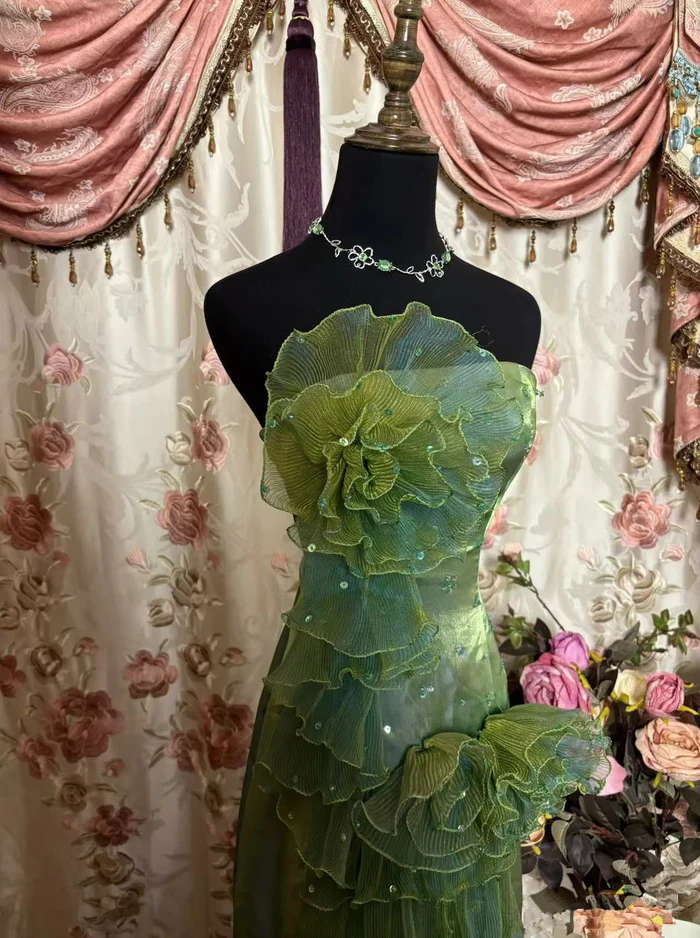 Vintage Green Strapless Satin Tulle Layered Ruffle Mermaid Long Prom Dress Evening Gown