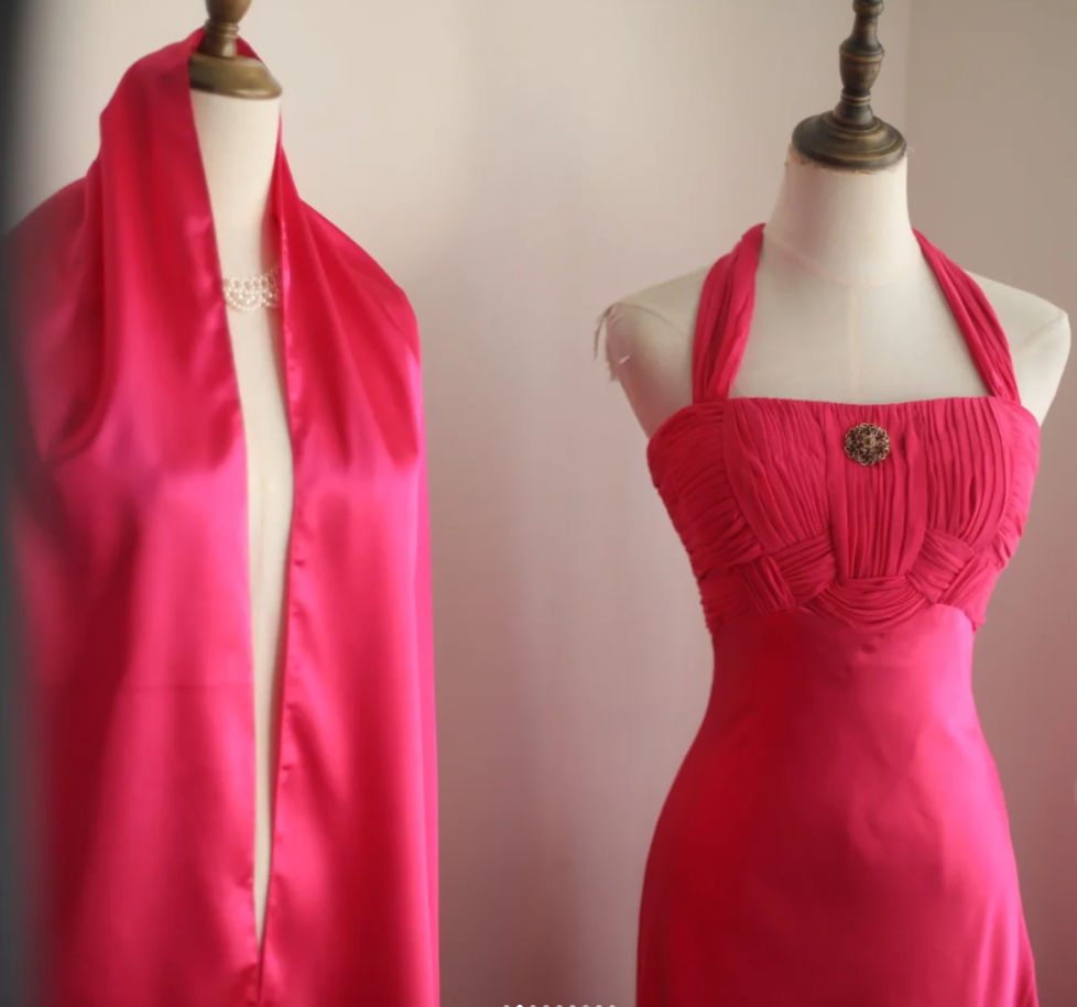 Glamorous Halter Hot Pink Satin Chiffon Mermaid Long Party Dress Formal Birthday Prom Gowns With Cape