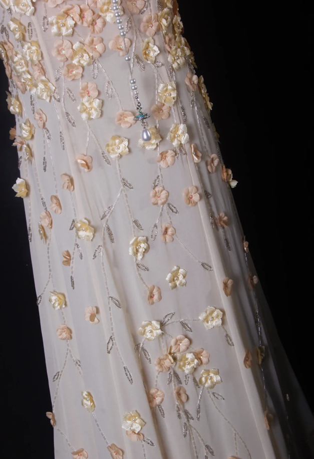 Fairy Spaghetti Straps Chiffon 3D Floral Beaded Mermaid Long Prom Dress Party Gown