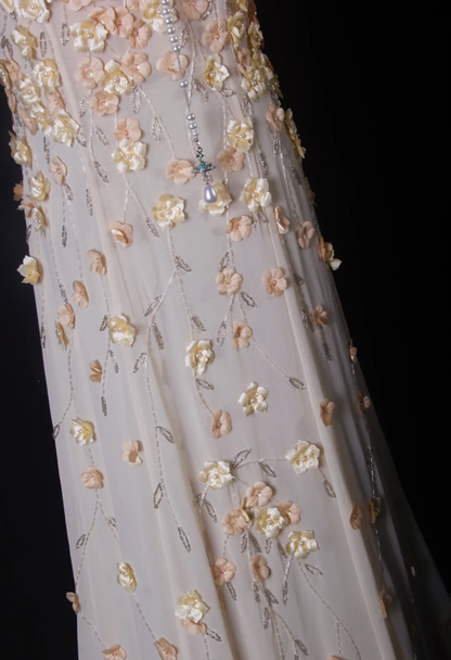 Fairy Spaghetti Straps Chiffon 3D Floral Beaded Mermaid Long Prom Dress Party Gown