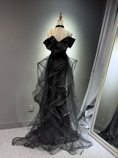 Girlhomeshops -Black shiny elegant long sequined tulle Prom dress evening gown graduation dress gh5107
