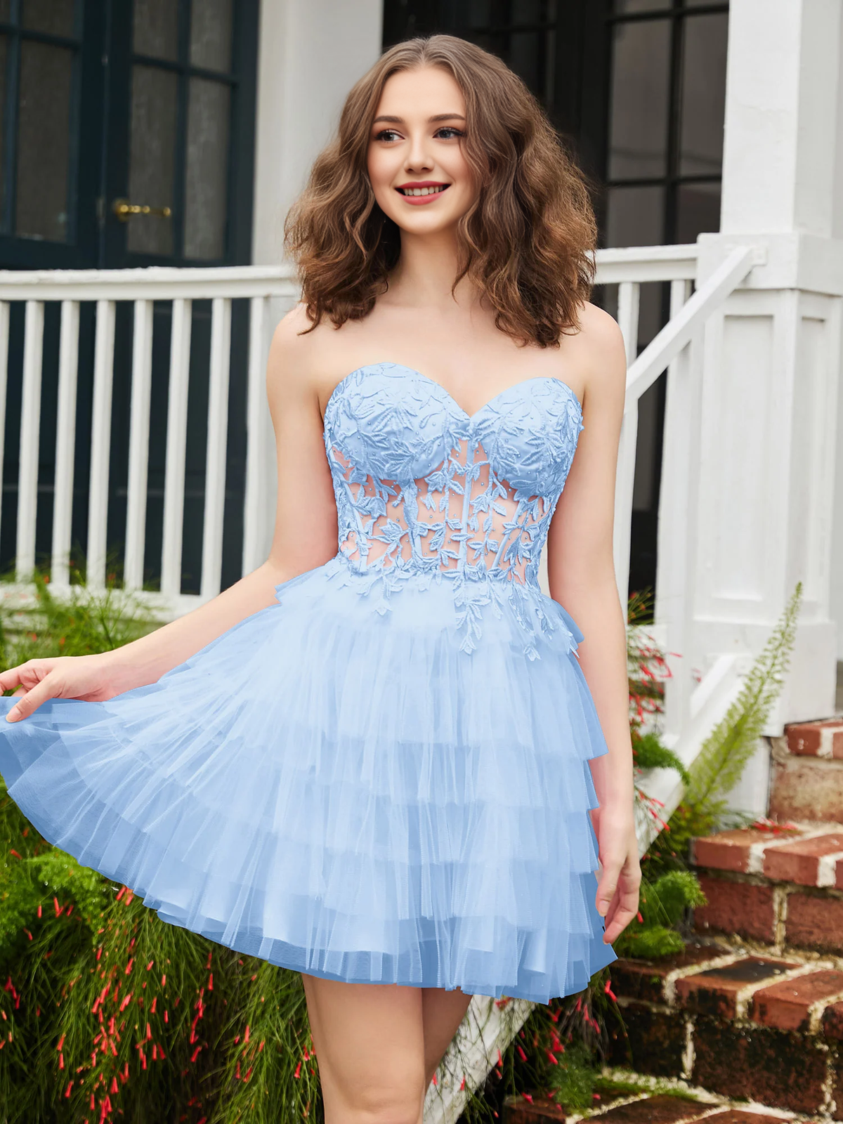 Transparent decal tight corset layered sheer short Homecoming dress