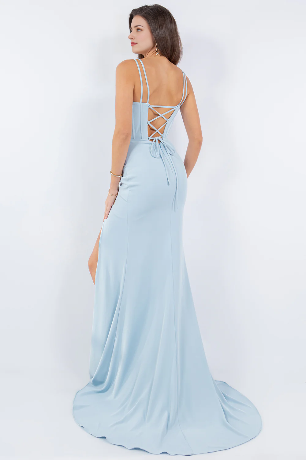 Fitted slit skirt long sleeveless tight corset dress