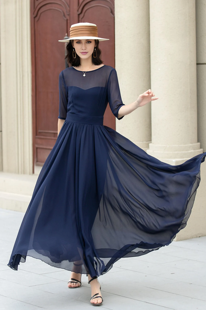 Ship Neck Short Sleeve Chiffon Horn Long Prom Dress