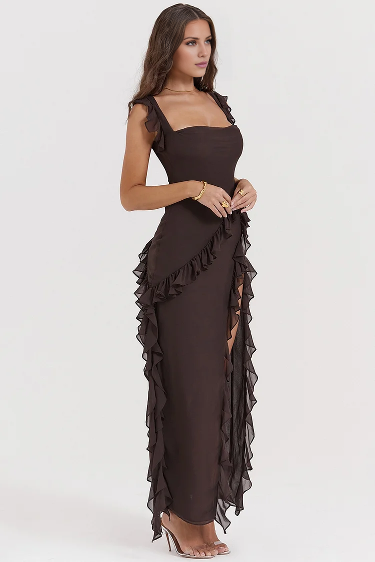 square neckline off shoulder sleeveless backless side slit and floor length Prom dress