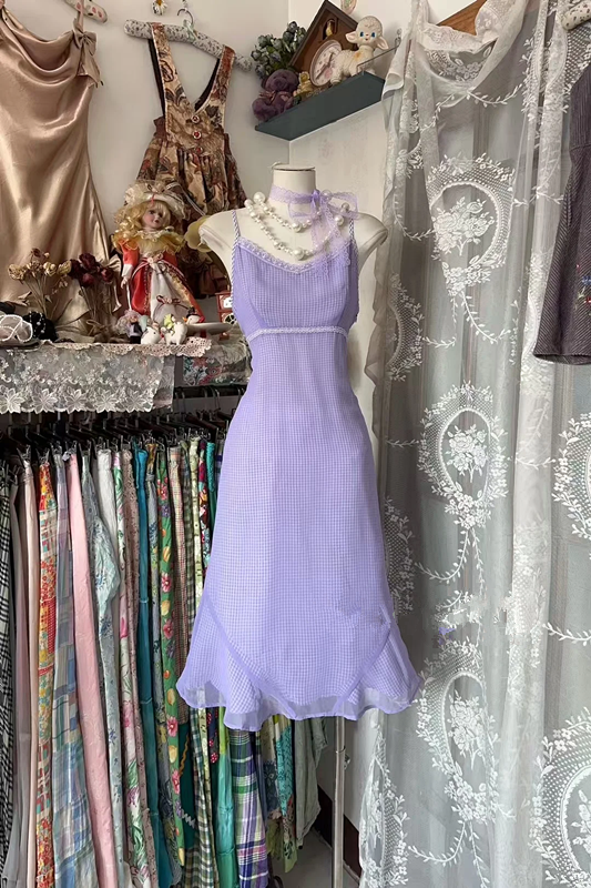 Light purple checkered halter-neck fitted A-line midi ball gown R7836