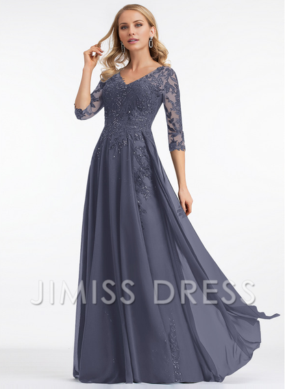 A-line V-neck floor mopping lace chiffon with sequins, mother of the bride dress