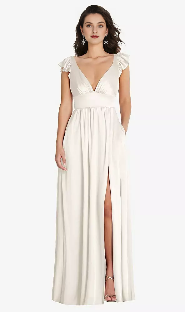 Deep V-neck dual-use shoulder strap with ruffled edge cover sleeve length Prom dress