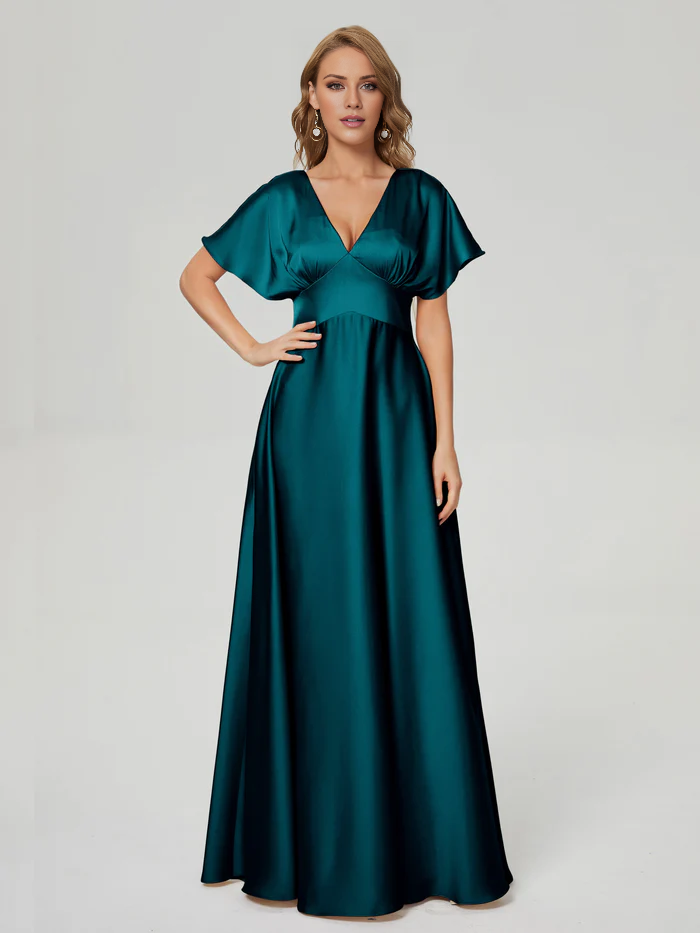 V-neck short sleeved and floor length Prom dress