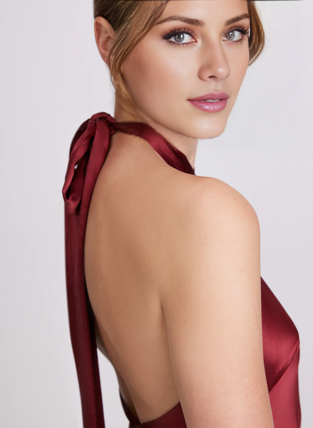 satin hanging neck sleeveless ruffle edge slit long Prom dress