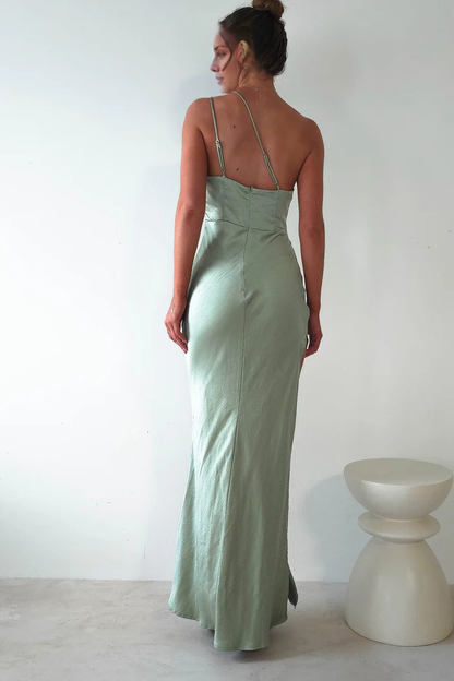 Asymmetric collar satin side slit long Prom dress - Dress