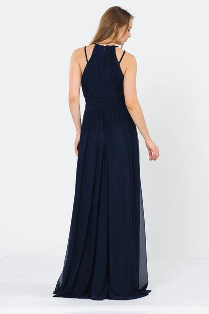 A-line pleated neck hanging long dress