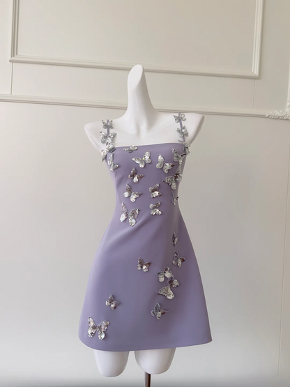 Purple suspender three-dimensional butterfly waist slim skirt homecoming dress R5220