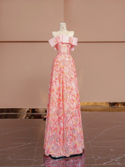 Pink floral print off-the-shoulder fitted A-line long ball gown/bridal dress R8395