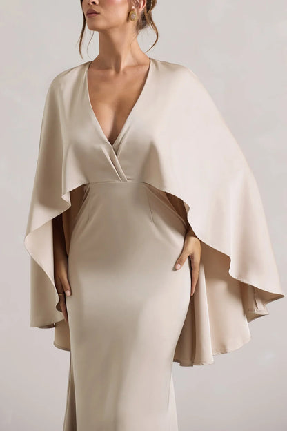 Cloak sleeves satin deep V-neck and floor length evening dress - dress