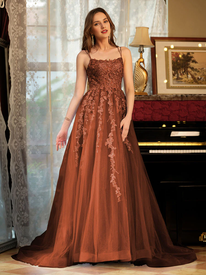 A-line princess chiffon thin shoulder strap embroidered long ball dress