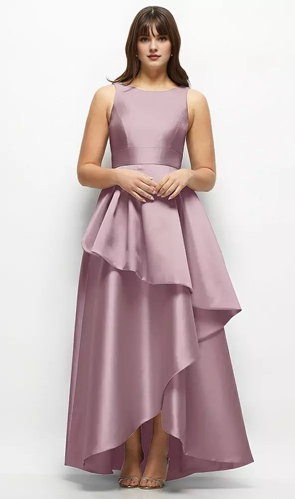 Asymmetric layering and floor length satin Prom dress