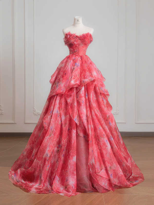 Pink floral strapless cinched waist ball gown with a full skirt R8230