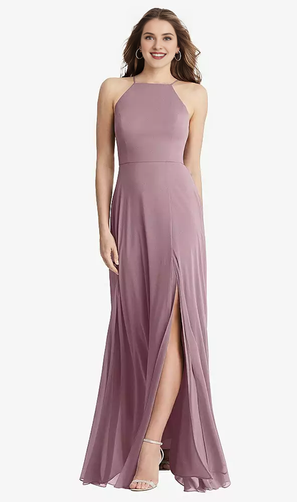 Front slit high neck chiffon long Prom dress