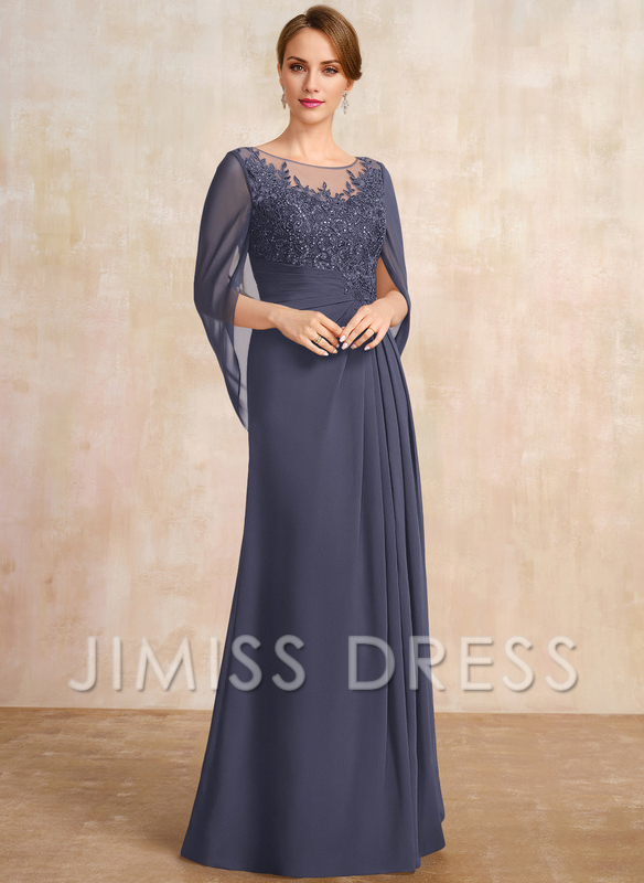 A-shaped Scoop Illusion floor lace chiffon with sequins and pleats, mother of the bride dress