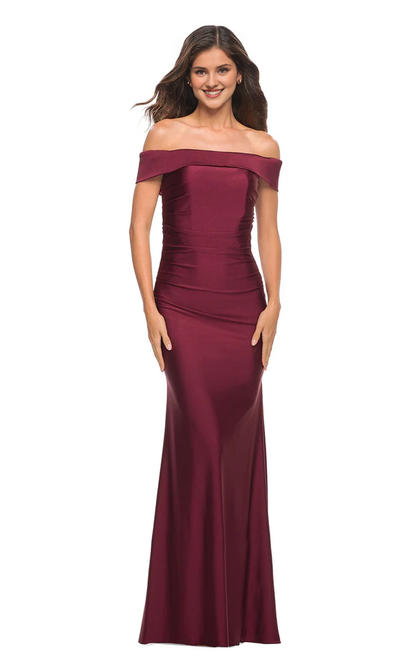 Off shoulder sleeve plain knit fitted back zipper and floor length Prom dress
