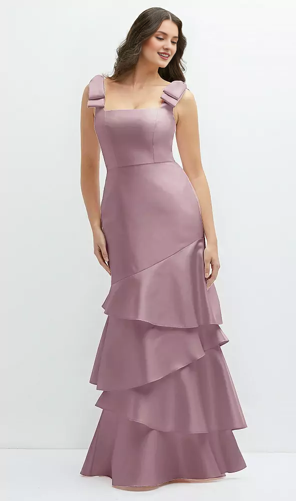 Asymmetric layered skirt with bow shoulder satin Prom dress
