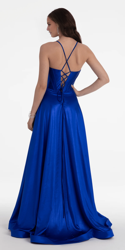 off shoulder satin thin shoulder strap tight corset and floor length Prom dress
