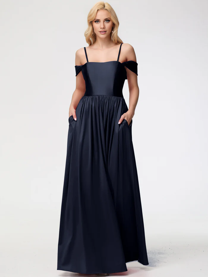 off shoulder satin and floor length Prom dress